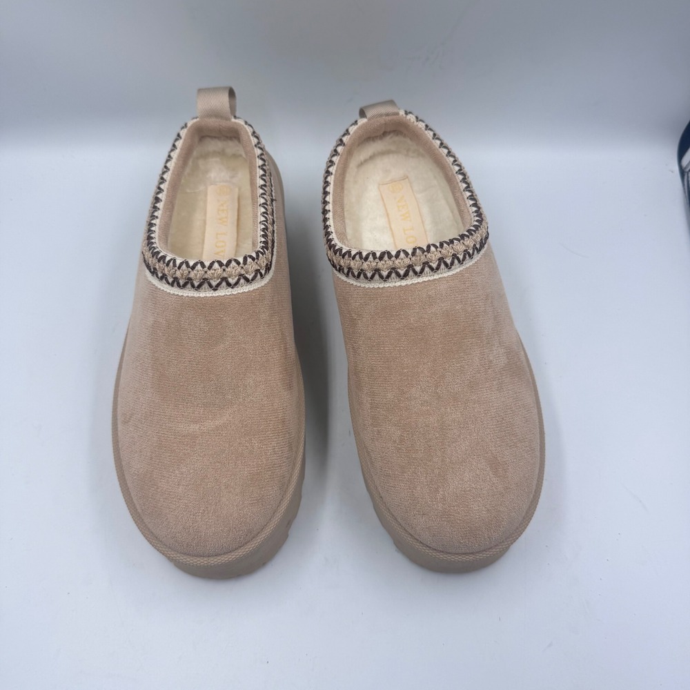 New Love Tan Platform Slippers Faux Fur Lined Braided Trim Size 8.5